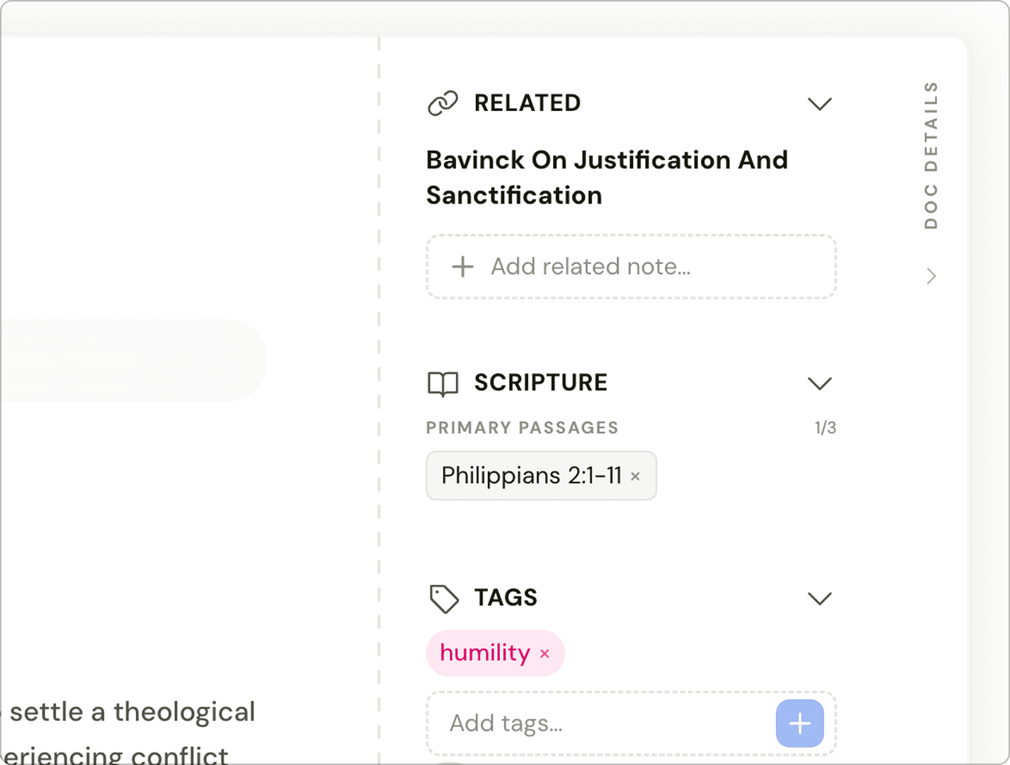 The document details sidebar with tags and a primary passage